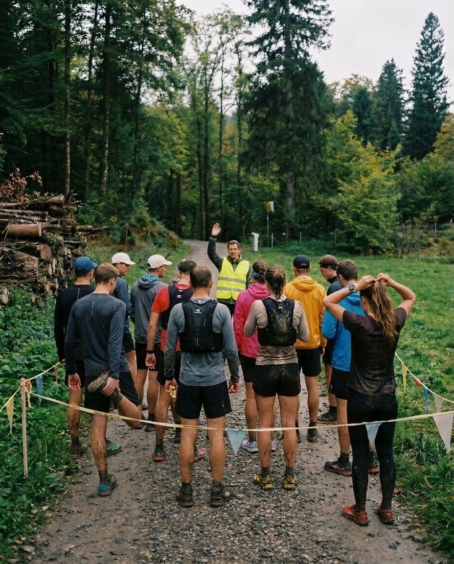 Läufer:innen mit verschlammten Beinen im abgesperrten Corral auf dem Waldweg, vorne die Rennleitung in Warnweste mit erhobener Hand