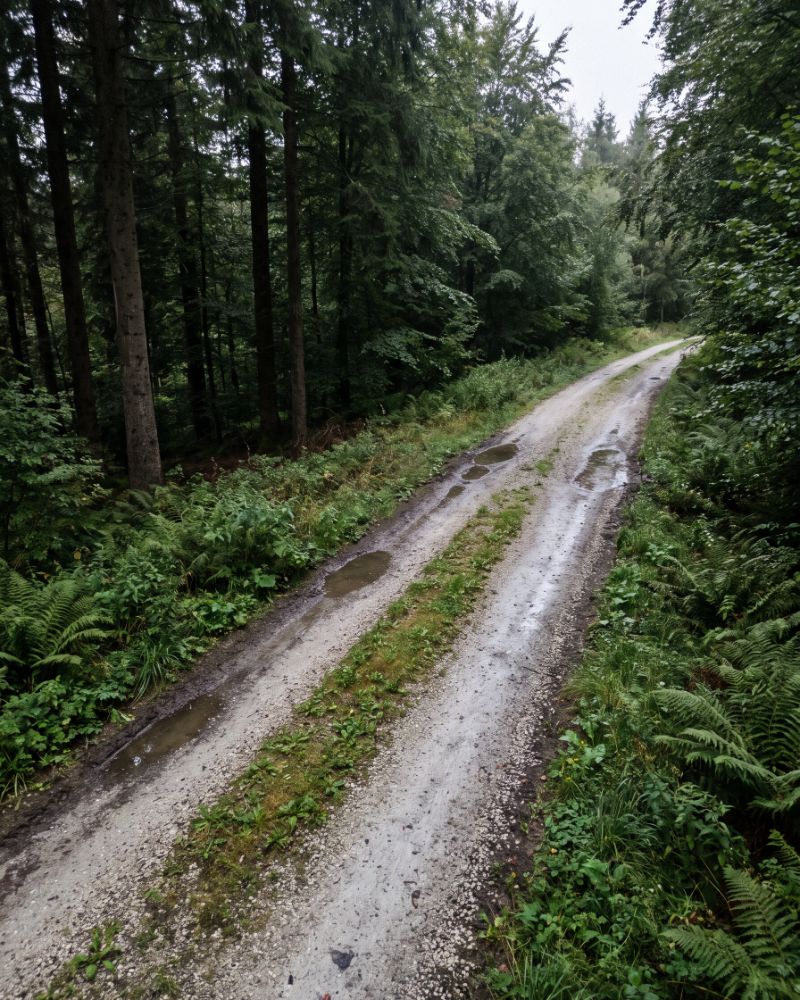 Nasse Kiesstrasse mit Pfützen durch dichten Nadelwald