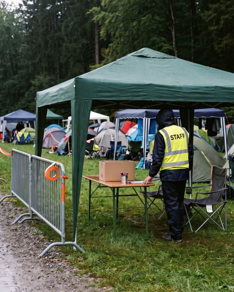 Helfer in Warnweste am Anmeldetisch unter dem Zelt, dahinter das Camp