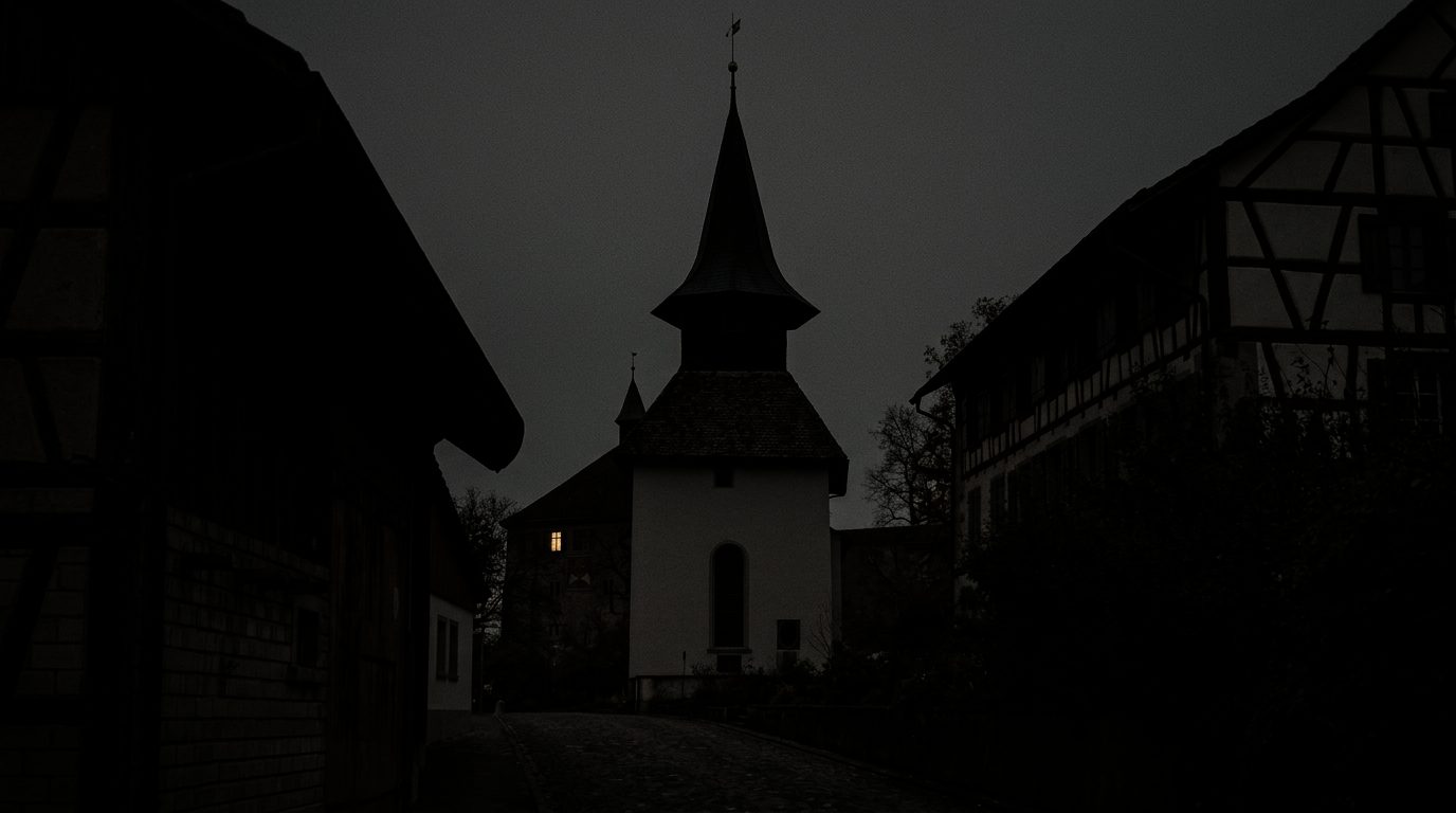 Kirchturm zwischen Riegelhäusern bei Nacht
