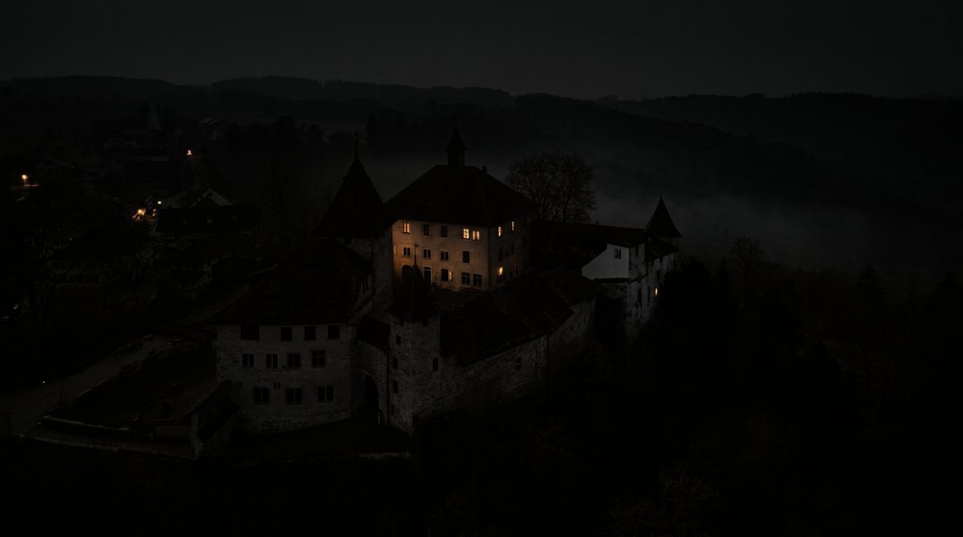 Schloss Kyburg bei Nacht, einzelne Fenster erleuchtet, Nebel im Tal