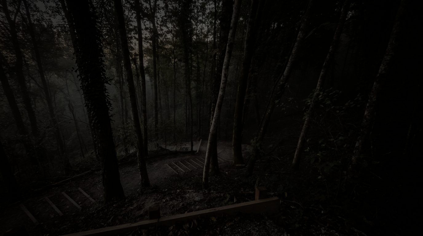 Treppe mit Spitzkehre im dunklen Wald, Nebel zwischen den Stämmen